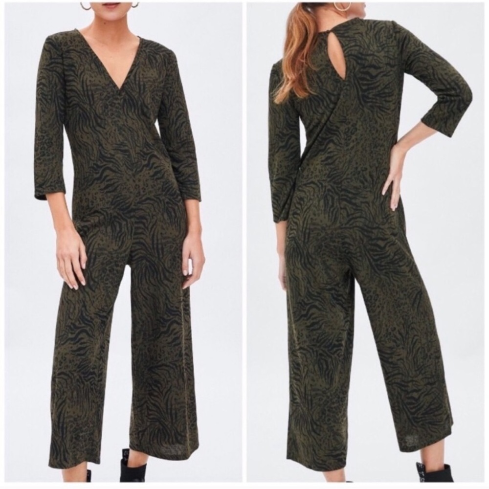 Zara Jumpsuit Womens Large Wide Leg Safari Animal Print Soft Comfy Boho Lounge